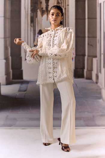 Maison Aguise_White Linen High Neck Pintucked Blouse _Online_at_Aza_Fashions