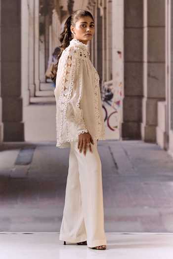Buy_Maison Aguise_White Linen High Neck Pintucked Blouse _Online_at_Aza_Fashions