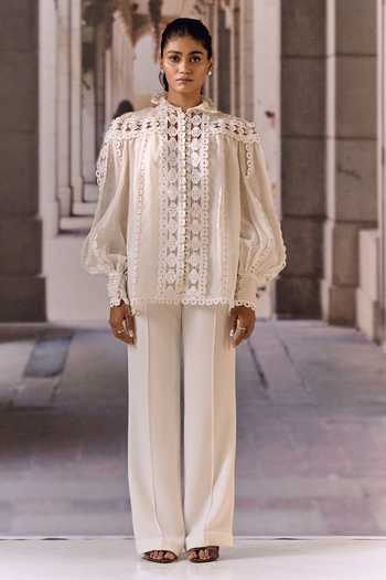 Maison Aguise_White Linen High Neck Pintucked Blouse _at_Aza_Fashions