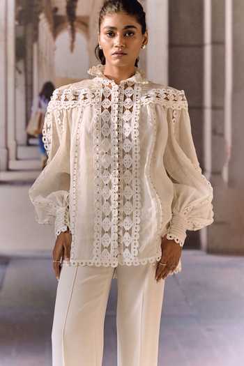 Buy_Maison Aguise_White Linen High Neck Pintucked Blouse _at_Aza_Fashions