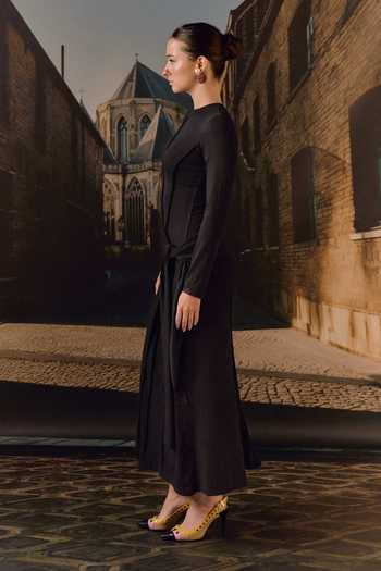 Maison Aguise_Black Knit Crew Neck Tie-waist Maxi Dress _at_Aza_Fashions