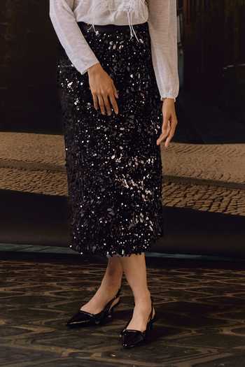 Maison Aguise_Black Velvet, Lycra Sequin Embellished Pencil Skirt _Online_at_Aza_Fashions