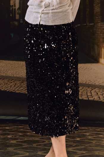 Buy_Maison Aguise_Black Velvet, Lycra Sequin Embellished Pencil Skirt _Online_at_Aza_Fashions