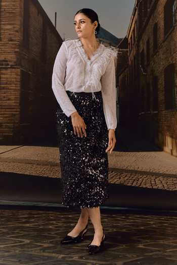 Buy_Maison Aguise_Black Velvet, Lycra Sequin Embellished Pencil Skirt _at_Aza_Fashions