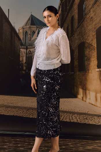 Maison Aguise_Black Velvet, Lycra Sequin Embellished Pencil Skirt _at_Aza_Fashions