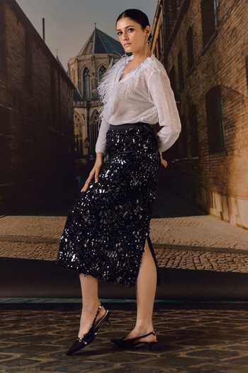 Shop_Maison Aguise_Black Velvet, Lycra Sequin Embellished Pencil Skirt _at_Aza_Fashions