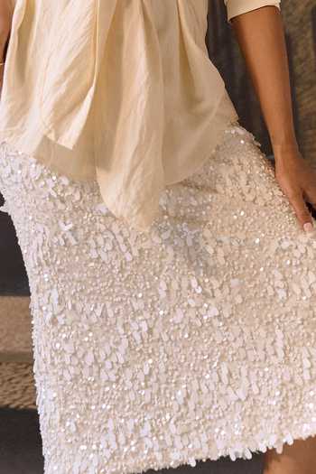 Shop_Maison Aguise_Off White Velvet, Lycra Sequinned Pencil Skirt _Online_at_Aza_Fashions