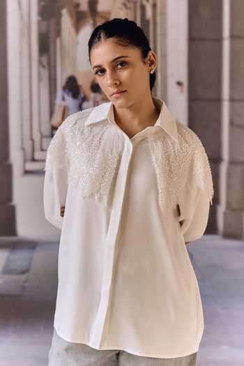 Buy_Maison Aguise_White Crepe, Satin Collared Neck Hand-embellished Bugle Bead Shirt _at_Aza_Fashions