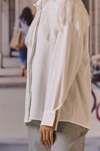 Maison Aguise_White Crepe, Satin Collared Neck Hand-embellished Bugle Bead Shirt _Online_at_Aza_Fashions