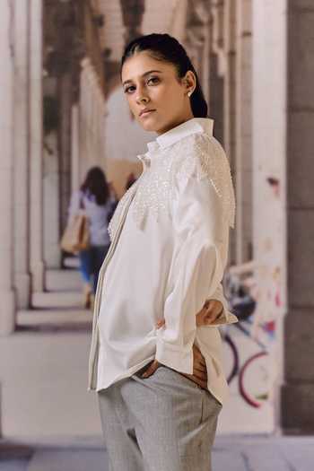 Buy_Maison Aguise_White Crepe, Satin Collared Neck Hand-embellished Bugle Bead Shirt _Online_at_Aza_Fashions