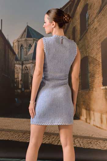 Shop_Maison Aguise_Sky Blue Cashmere, Wool Round Neck Shift Dress _at_Aza_Fashions