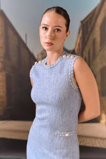 Buy_Maison Aguise_Sky Blue Cashmere, Wool Round Neck Shift Dress _Online_at_Aza_Fashions