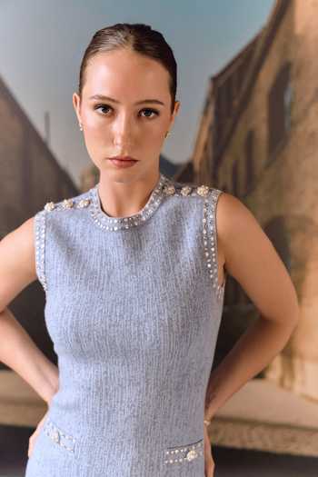 Shop_Maison Aguise_Sky Blue Cashmere, Wool Round Neck Shift Dress _Online_at_Aza_Fashions