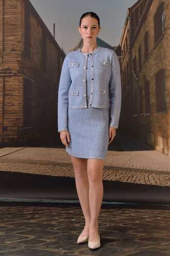 Maison Aguise_Sky Blue Cashmere, Wool Round Neck Crystal Stud Cropped Jacket _Online_at_Aza_Fashions
