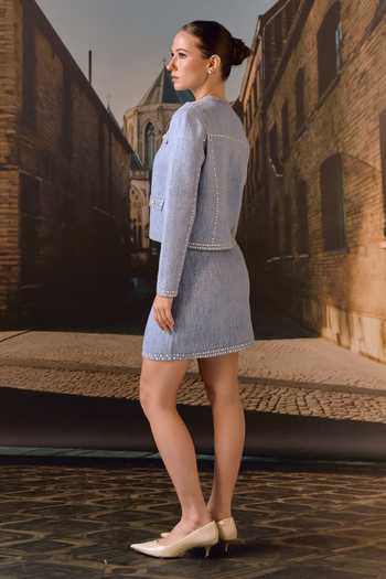 Shop_Maison Aguise_Sky Blue Cashmere, Wool Round Neck Crystal Stud Cropped Jacket _at_Aza_Fashions