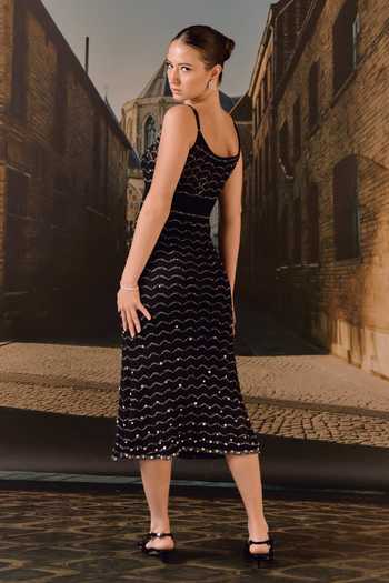 Shop_Maison Aguise_Black Knit Scoop Neck Textured Midi Dress _at_Aza_Fashions