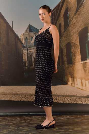Shop_Maison Aguise_Black Knit Scoop Neck Textured Midi Dress _Online_at_Aza_Fashions