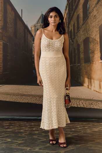 Maison Aguise_Ivory Knit Scoop Neck Textured Midi Dress _Online_at_Aza_Fashions