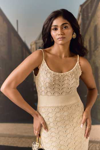 Shop_Maison Aguise_Ivory Knit Scoop Neck Textured Midi Dress _Online_at_Aza_Fashions