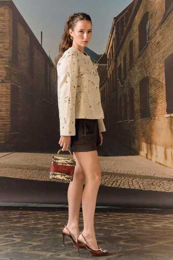 Maison Aguise_Beige Tweed Round Neck Biscuit Hand-embroidered Jacket _Online_at_Aza_Fashions