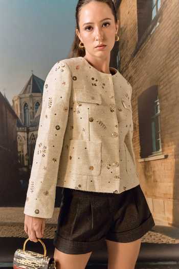 Shop_Maison Aguise_Beige Tweed Round Neck Biscuit Hand-embroidered Jacket _Online_at_Aza_Fashions