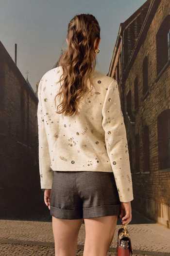 Shop_Maison Aguise_Beige Tweed Round Neck Biscuit Hand-embroidered Jacket _at_Aza_Fashions