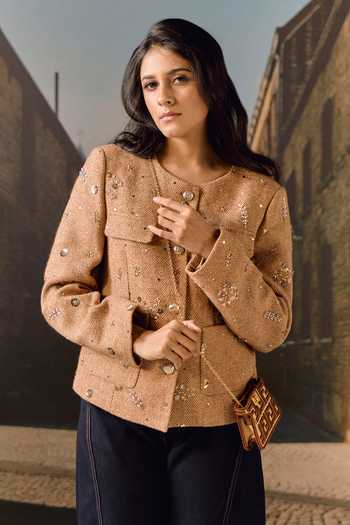 Maison Aguise_Beige Tweed Round Neck Sand Hand-embroidered Jacket _Online_at_Aza_Fashions