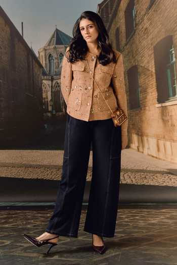Buy_Maison Aguise_Beige Tweed Round Neck Sand Hand-embroidered Jacket _Online_at_Aza_Fashions