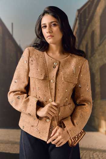 Buy_Maison Aguise_Beige Tweed Round Neck Sand Hand-embroidered Jacket _at_Aza_Fashions
