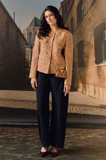 Shop_Maison Aguise_Beige Tweed Round Neck Sand Hand-embroidered Jacket _Online_at_Aza_Fashions