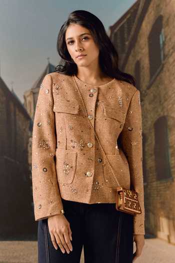Maison Aguise_Beige Tweed Round Neck Sand Hand-embroidered Jacket _at_Aza_Fashions