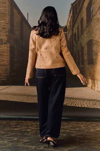 Shop_Maison Aguise_Beige Tweed Round Neck Sand Hand-embroidered Jacket _at_Aza_Fashions
