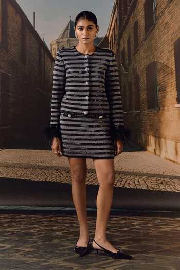 Buy_Maison Aguise_Black Knit Round Neck Stripe Jacket And Skirt Co-ord Set _at_Aza_Fashions