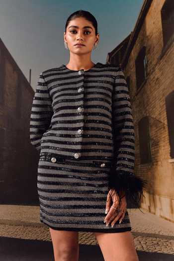 Buy_Maison Aguise_Black Knit Round Neck Stripe Jacket And Skirt Co-ord Set _Online_at_Aza_Fashions