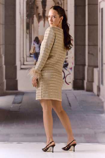 Maison Aguise_Beige Knit Round Neck Stripe Jacket And Skirt Co-ord Set _Online_at_Aza_Fashions