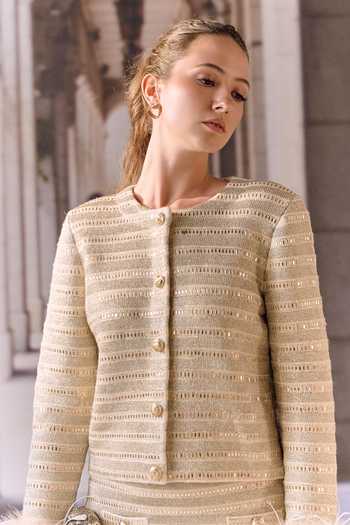 Shop_Maison Aguise_Beige Knit Round Neck Stripe Jacket And Skirt Co-ord Set _Online_at_Aza_Fashions