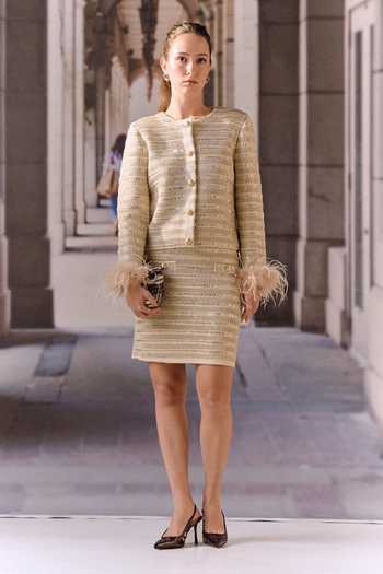 Buy_Maison Aguise_Beige Knit Round Neck Stripe Jacket And Skirt Co-ord Set _at_Aza_Fashions