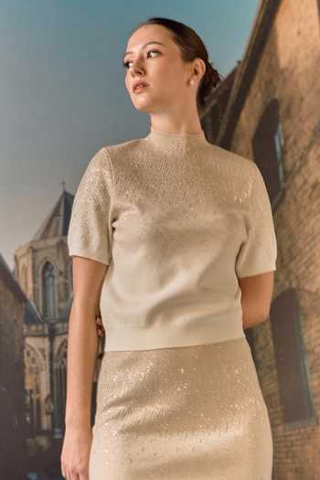 Maison Aguise_Beige Cashmere High Neck Swarovski Embellished Top And Skirt Co-ord Set _Online_at_Aza_Fashions