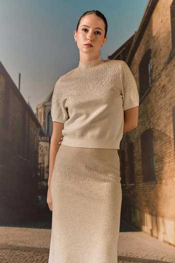 Buy_Maison Aguise_Beige Cashmere High Neck Swarovski Embellished Top And Skirt Co-ord Set _Online_at_Aza_Fashions