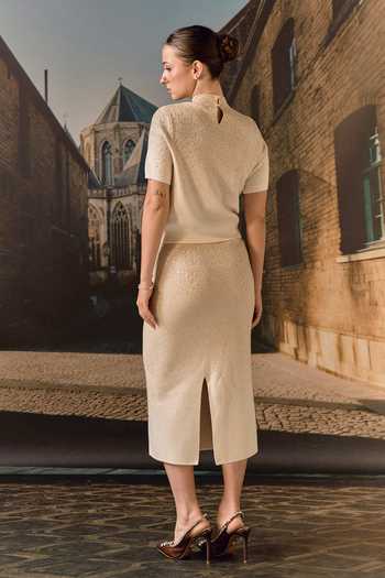 Shop_Maison Aguise_Beige Cashmere High Neck Swarovski Embellished Top And Skirt Co-ord Set _at_Aza_Fashions