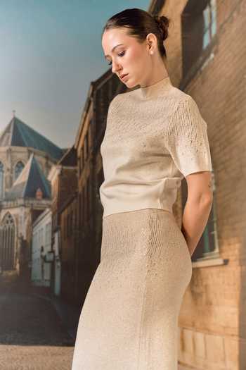 Shop_Maison Aguise_Beige Cashmere High Neck Swarovski Embellished Top And Skirt Co-ord Set _Online_at_Aza_Fashions