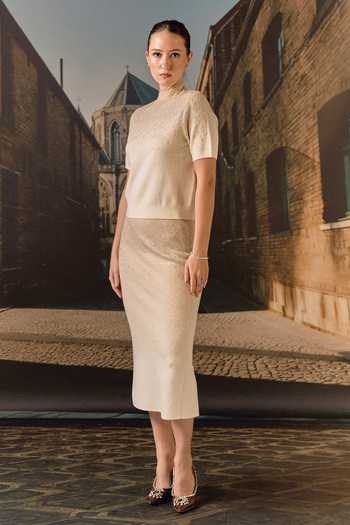 Maison Aguise_Beige Cashmere High Neck Swarovski Embellished Top And Skirt Co-ord Set _at_Aza_Fashions
