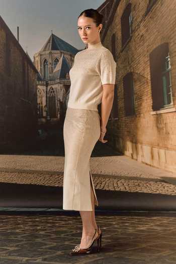 Buy_Maison Aguise_Beige Cashmere High Neck Swarovski Embellished Top And Skirt Co-ord Set 