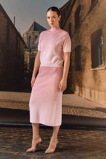 Maison Aguise_Pink Cashmere High Neck Swarovski Embellished Top And Skirt Co-ord Set _Online_at_Aza_Fashions