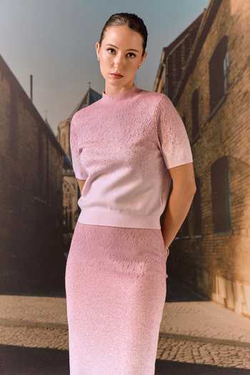 Buy_Maison Aguise_Pink Cashmere High Neck Swarovski Embellished Top And Skirt Co-ord Set _Online_at_Aza_Fashions