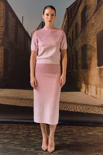 Shop_Maison Aguise_Pink Cashmere High Neck Swarovski Embellished Top And Skirt Co-ord Set _Online_at_Aza_Fashions
