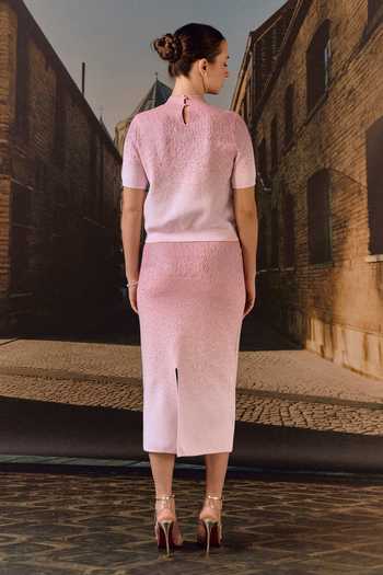Shop_Maison Aguise_Pink Cashmere High Neck Swarovski Embellished Top And Skirt Co-ord Set _at_Aza_Fashions