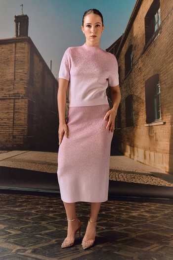 Buy_Maison Aguise_Pink Cashmere High Neck Swarovski Embellished Top And Skirt Co-ord Set _at_Aza_Fashions