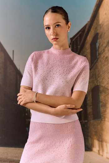 Maison Aguise_Pink Cashmere High Neck Swarovski Embellished Top And Skirt Co-ord Set _at_Aza_Fashions