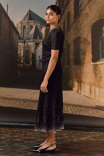 Maison Aguise_Black Cashmere Round Neck Swarovski Embellished Top And Skirt Co-ord Set _Online_at_Aza_Fashions